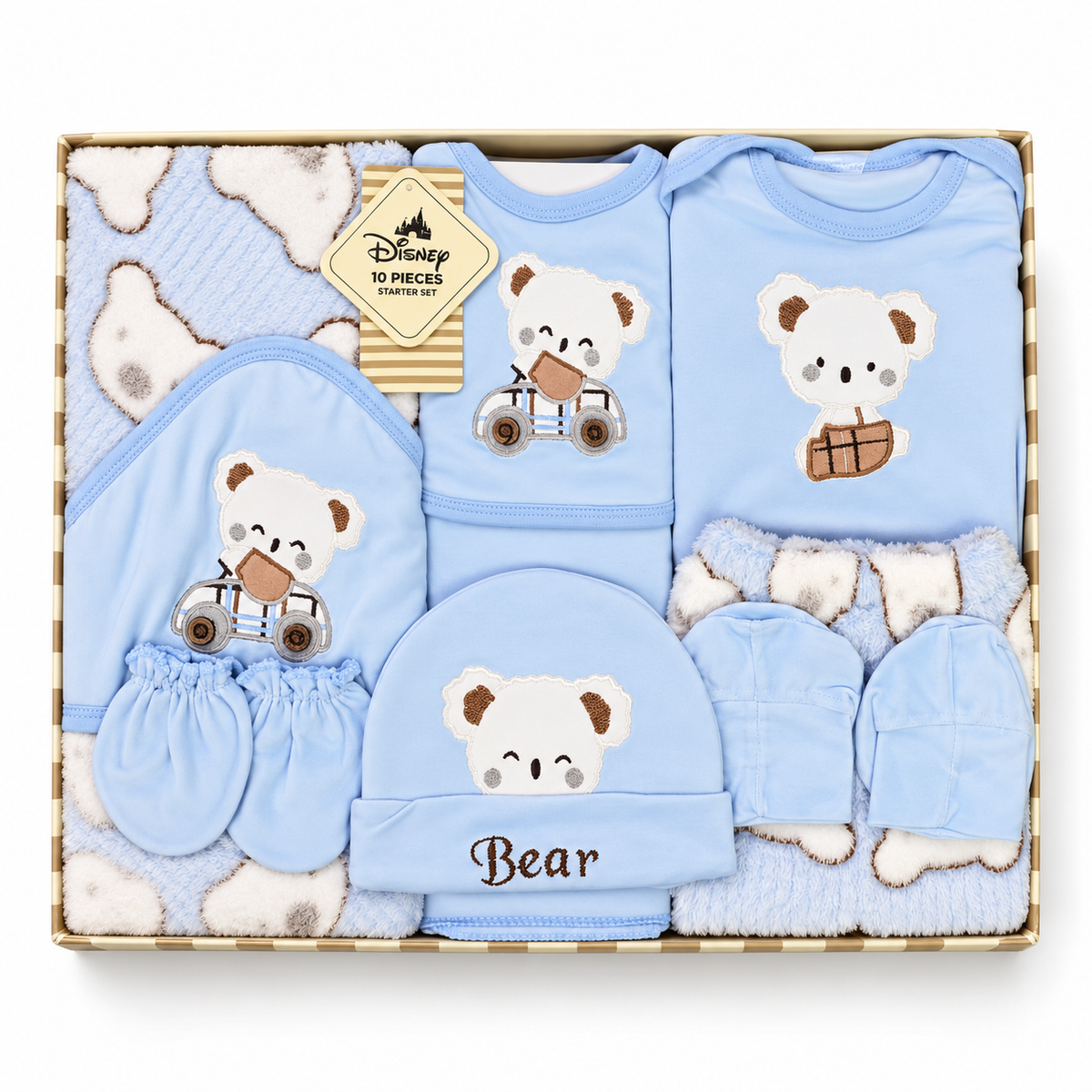 NEWBORN BABY 10 PCS TEDDY BEAR EMB PREMIUM GIFT BOX SET – BLUE