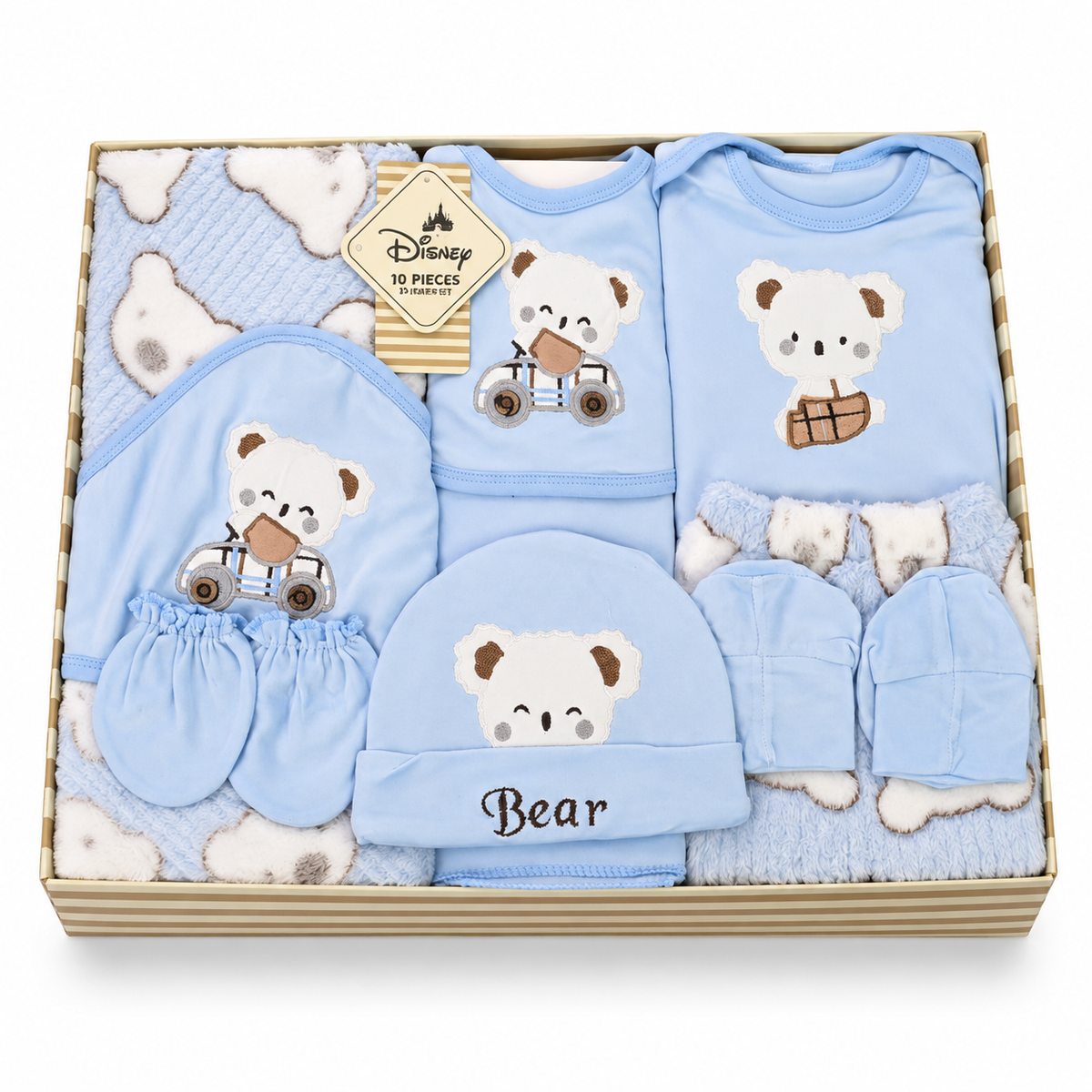 NEWBORN BABY 10 PCS TEDDY BEAR EMB PREMIUM GIFT BOX SET – BLUE