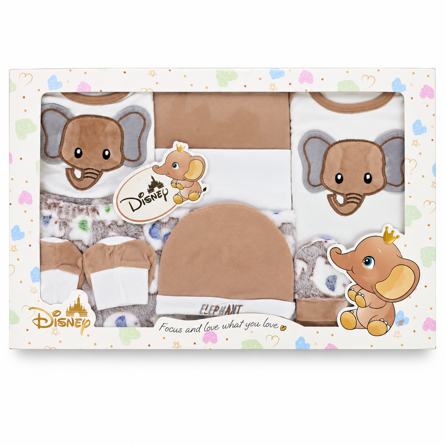 NEWBORN BABY 10 PCS ELEPHANT EMB PREMIUM GIFT BOX SET – BROWN & WHITE