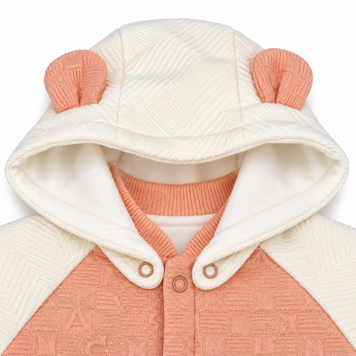 Peach & White Hooded Teddy Bear Embroidered Romper – Peach-Eared Hood Snap Close-Up