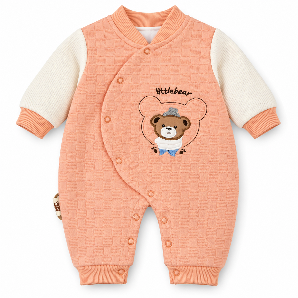 Peach Textured Teddy Bear Embroidered Romper – Peach Bear Embroidered Baby Romper