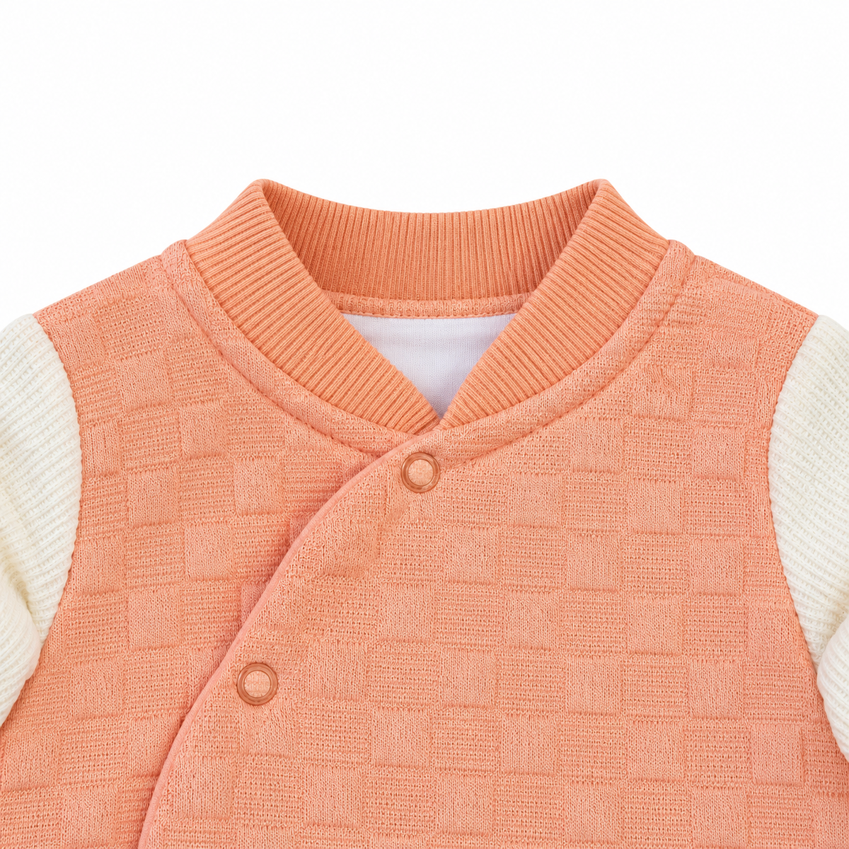 Peach Textured Teddy Bear Embroidered Romper – Peach baby romper neckline detail