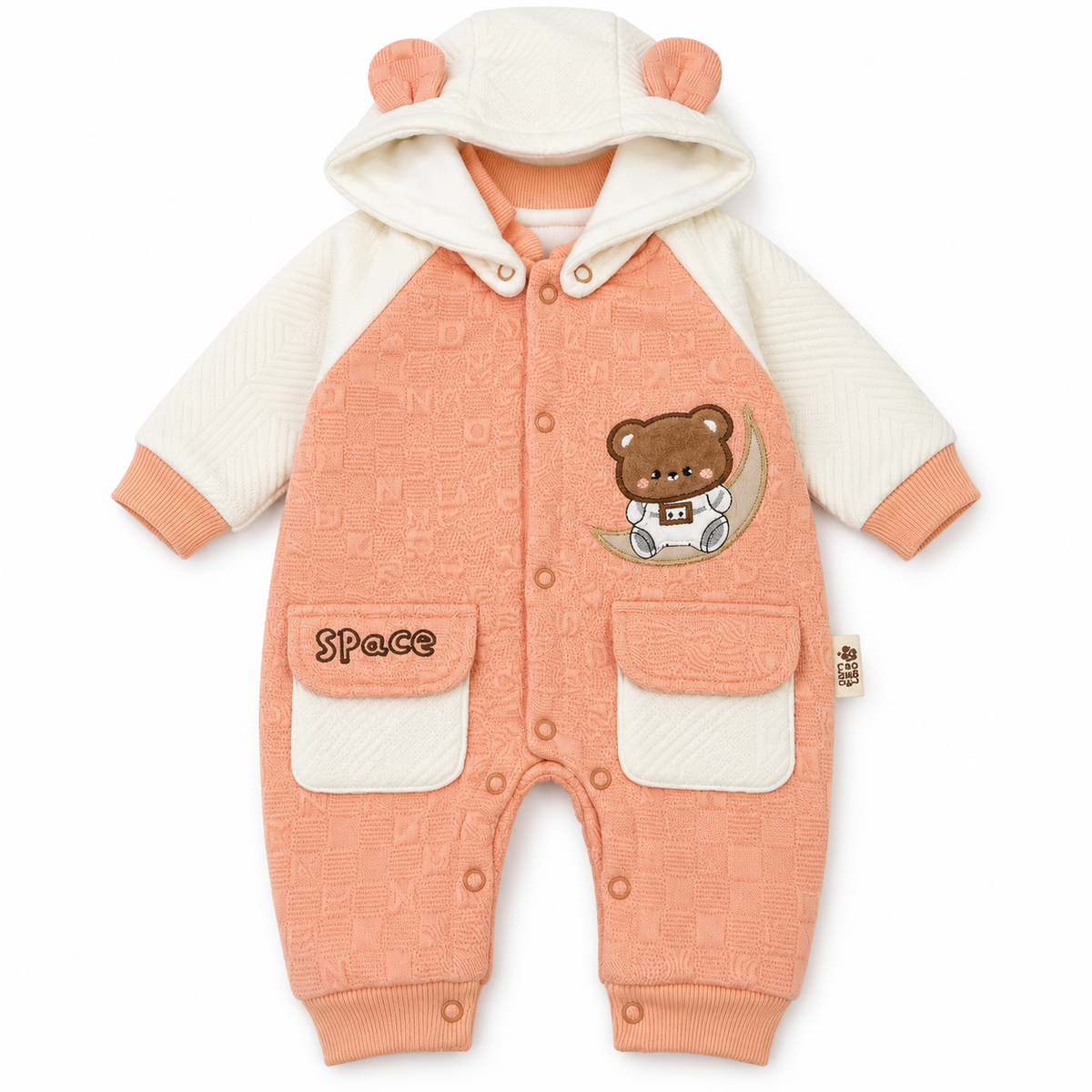 Peach & White Hooded Teddy Bear Embroidered Romper – Peach hooded teddy moon baby romper
