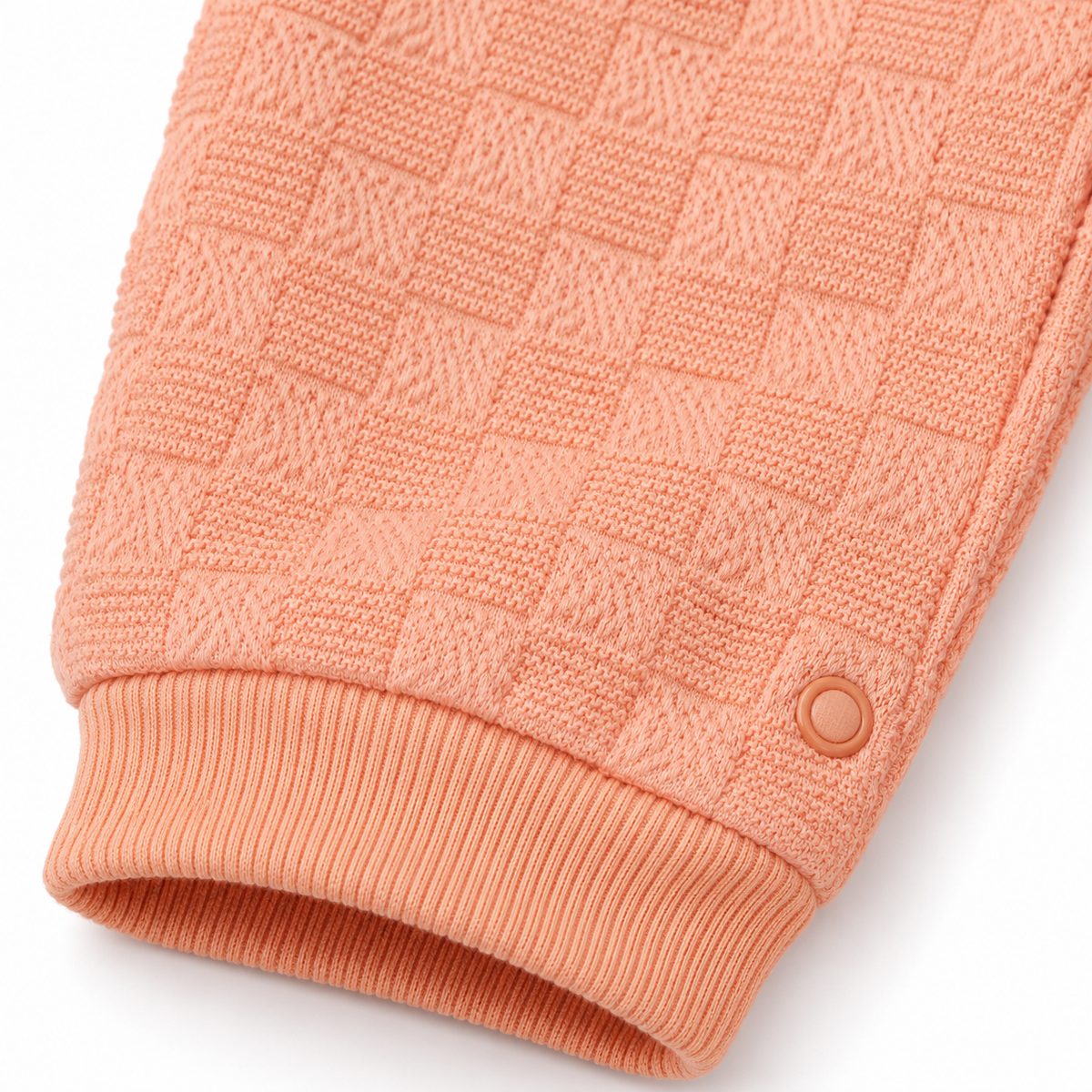 Peach Textured Teddy Bear Embroidered Romper – Peach jacquard cuff detail