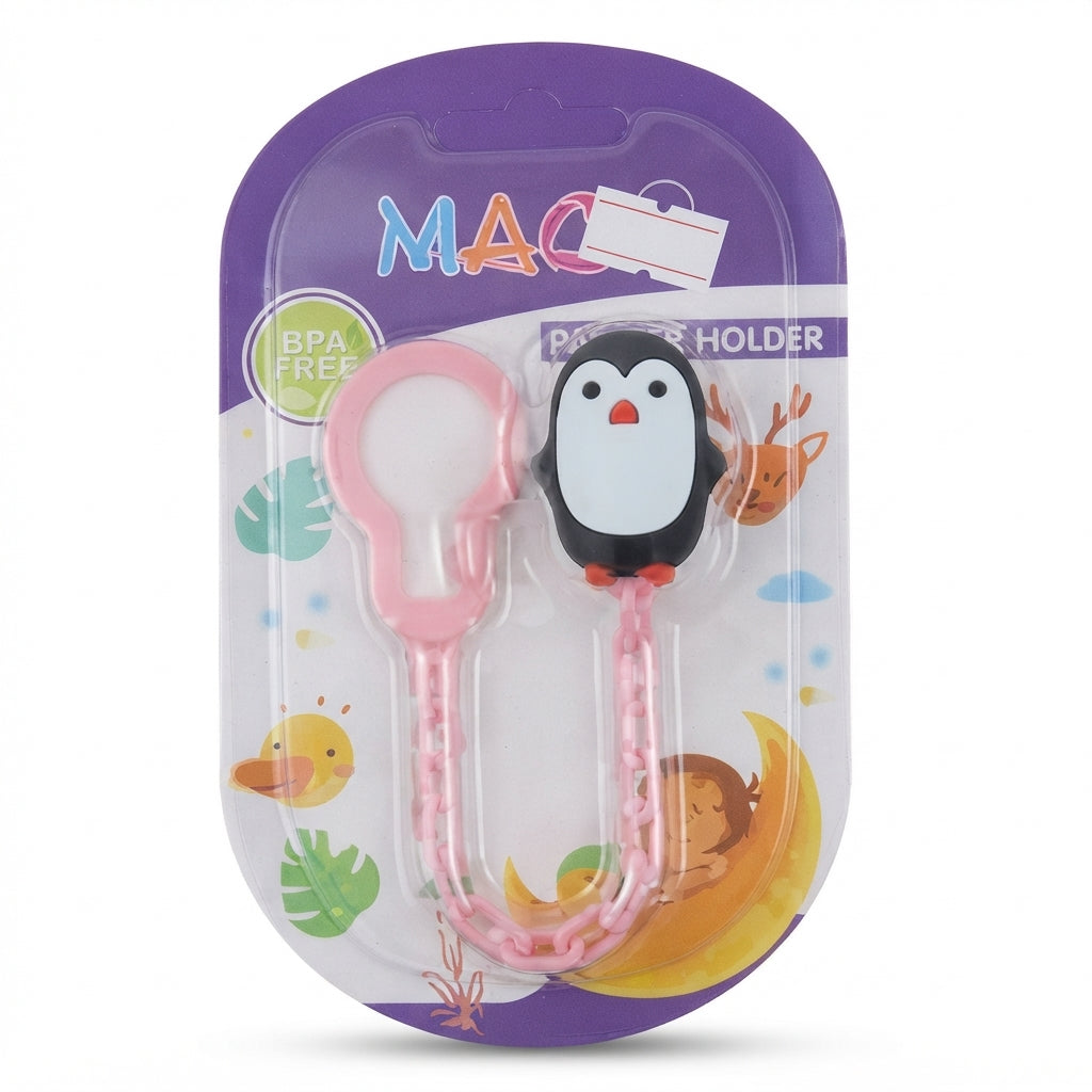 BABY PACIFIER HOLDER PENGUIN PINK