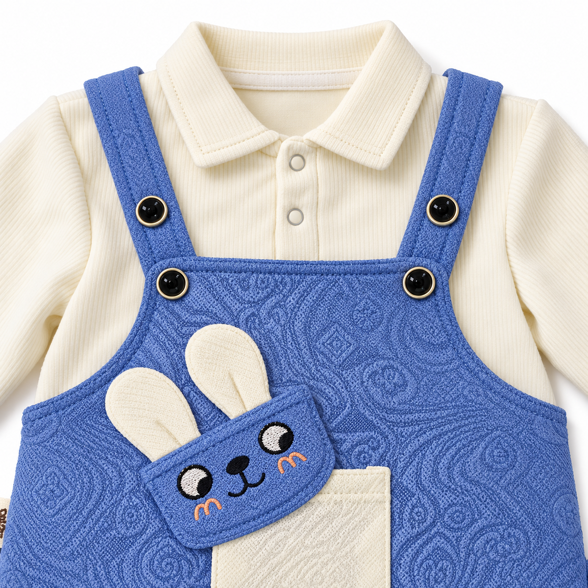 Blue & White Bunny Dungaree Romper & Shirt Set – Periwinkle Dungaree Collar and Straps Close-Up