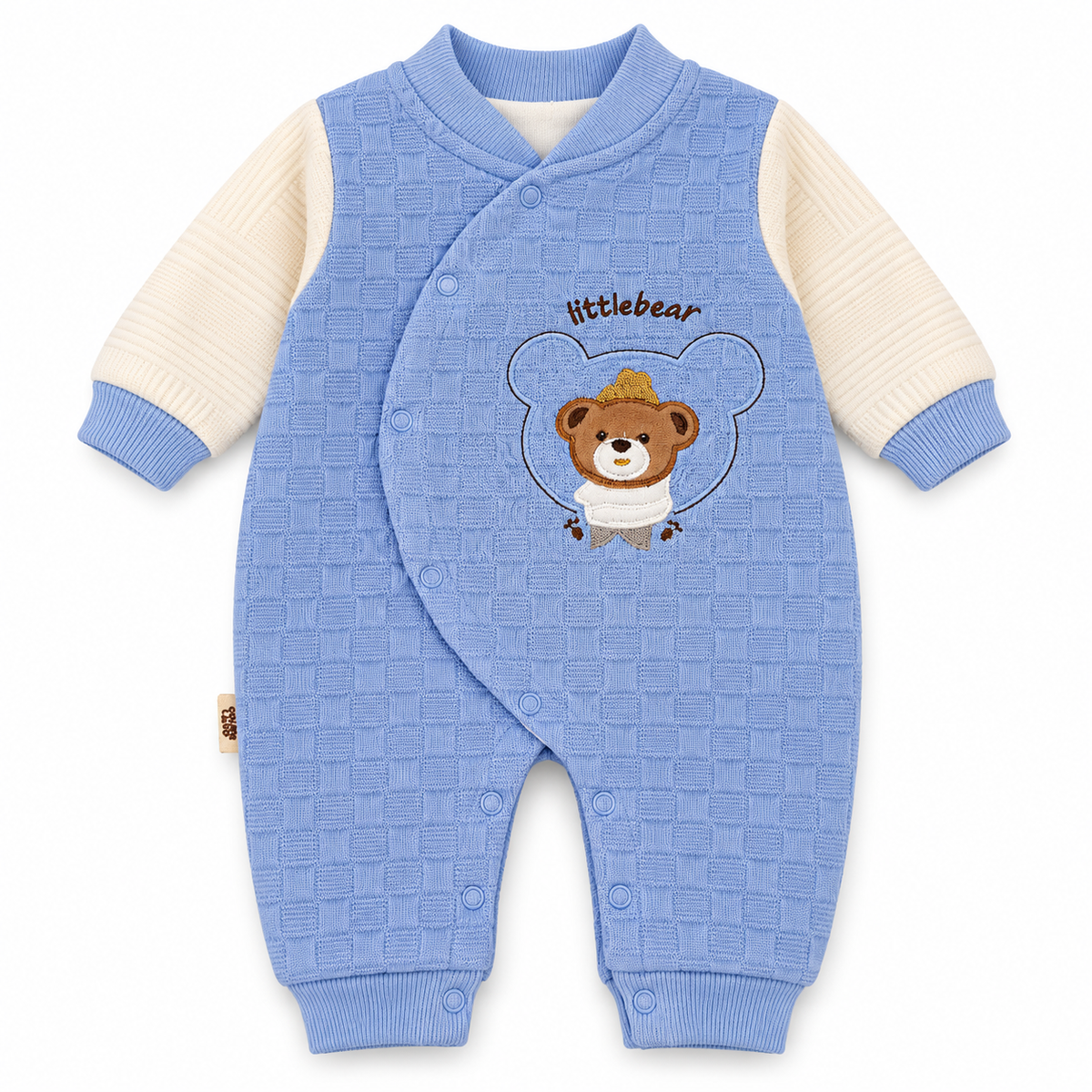 Sky Blue Textured Teddy Bear Embroidered Romper – Periwinkle bear-embroidered crossover romper