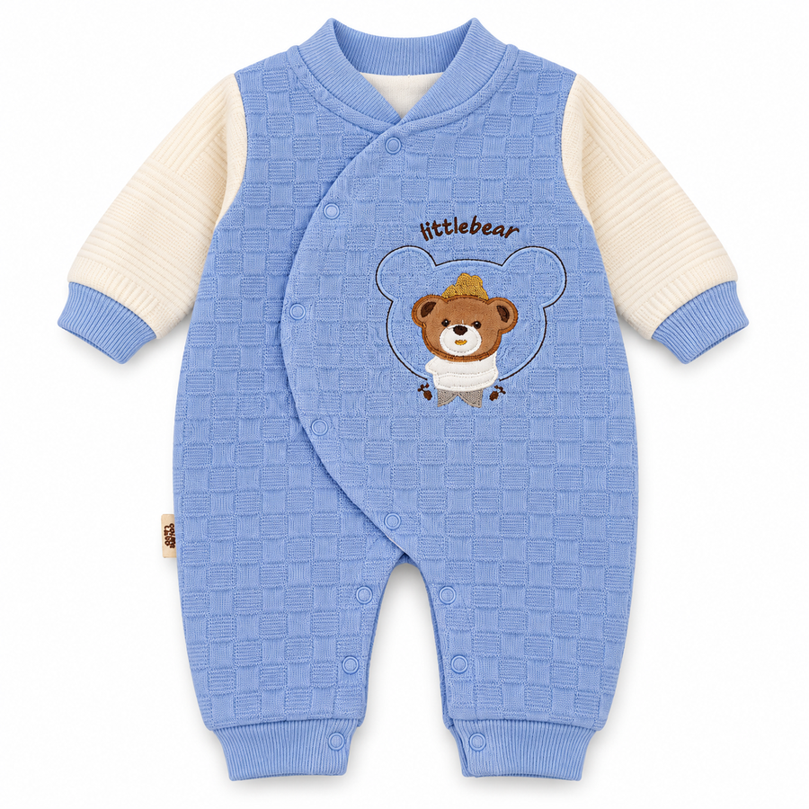 Sky Blue Textured Teddy Bear Embroidered Romper – Periwinkle bear-embroidered crossover romper