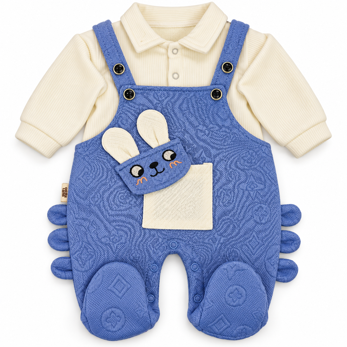 Blue & White Bunny Dungaree Romper & Shirt Set – Periwinkle bunny dungaree detail