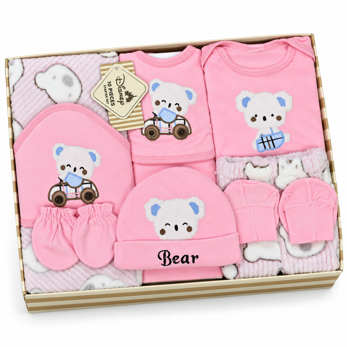 NEWBORN BABY 10 PCS TEDDY BEAR EMB PREMIUM GIFT BOX SET – PINK