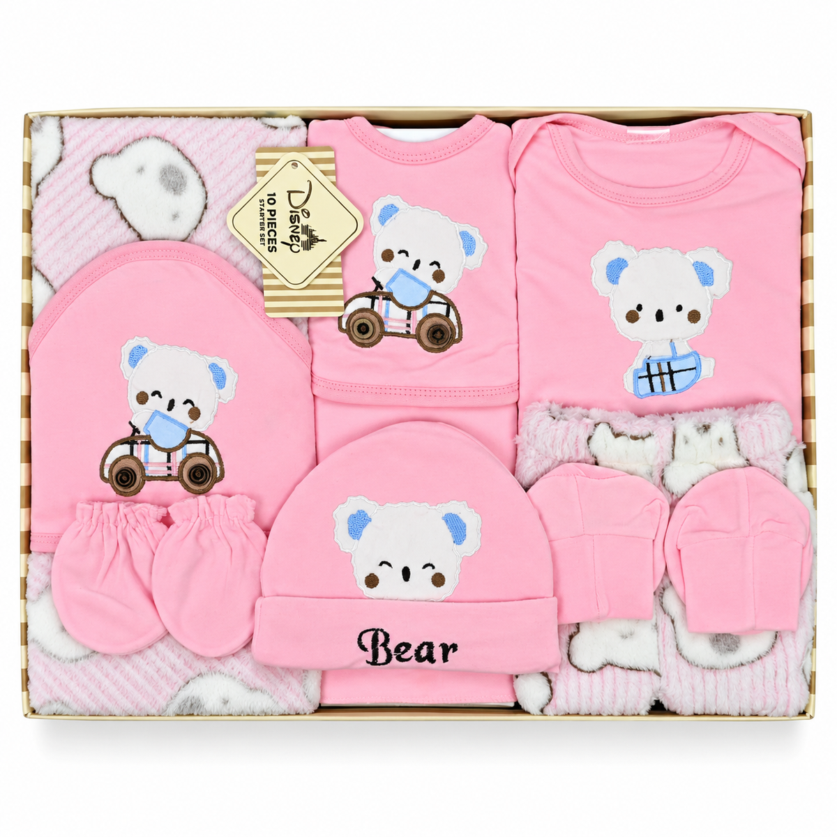 NEWBORN BABY 10 PCS TEDDY BEAR EMB PREMIUM GIFT BOX SET – PINK