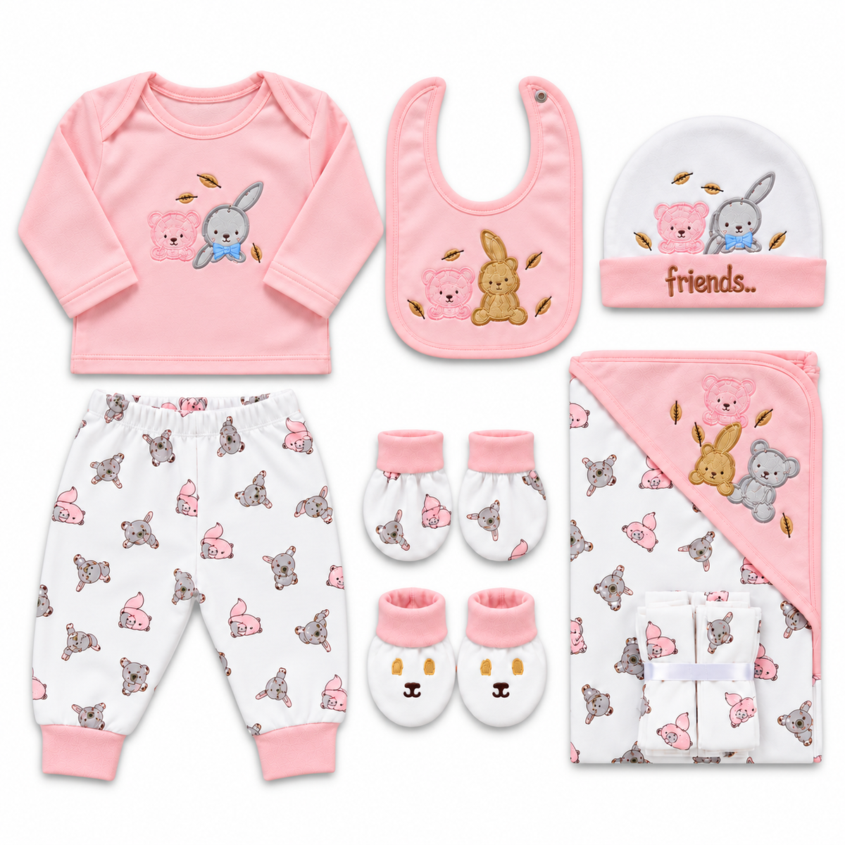 NEWBORN BABY 11 PCS BLOR BUNNY PRINTED STARTER SET – PINK & WHITE