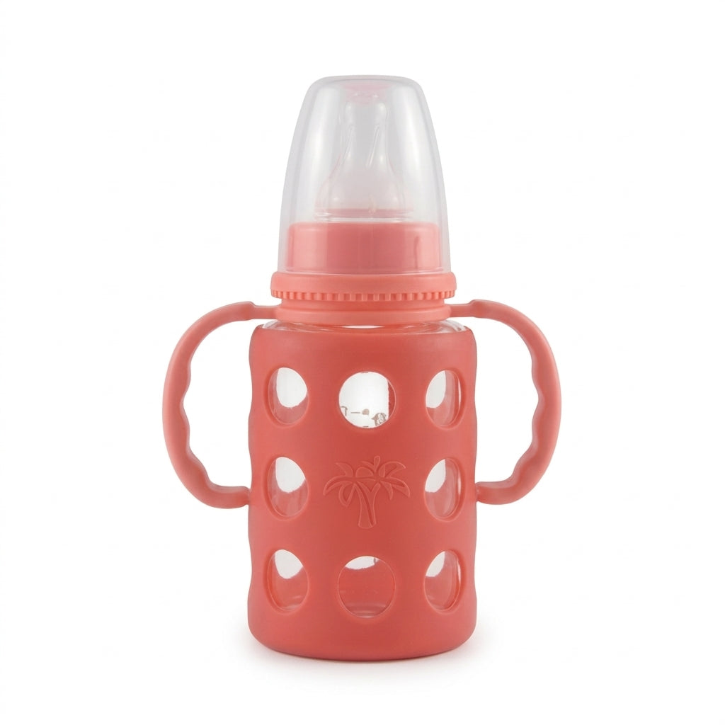 BABY GLASS FEEDER SILICONE COVERED RED