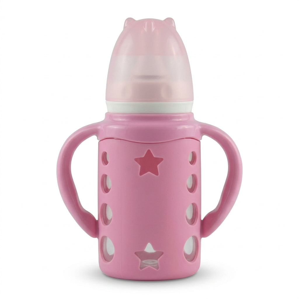 BABY GLASS FEEDER SILICONE STAR COVER PINK