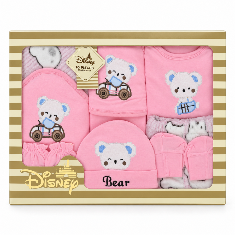 NEWBORN BABY 10 PCS TEDDY BEAR EMB PREMIUM GIFT BOX SET – PINK