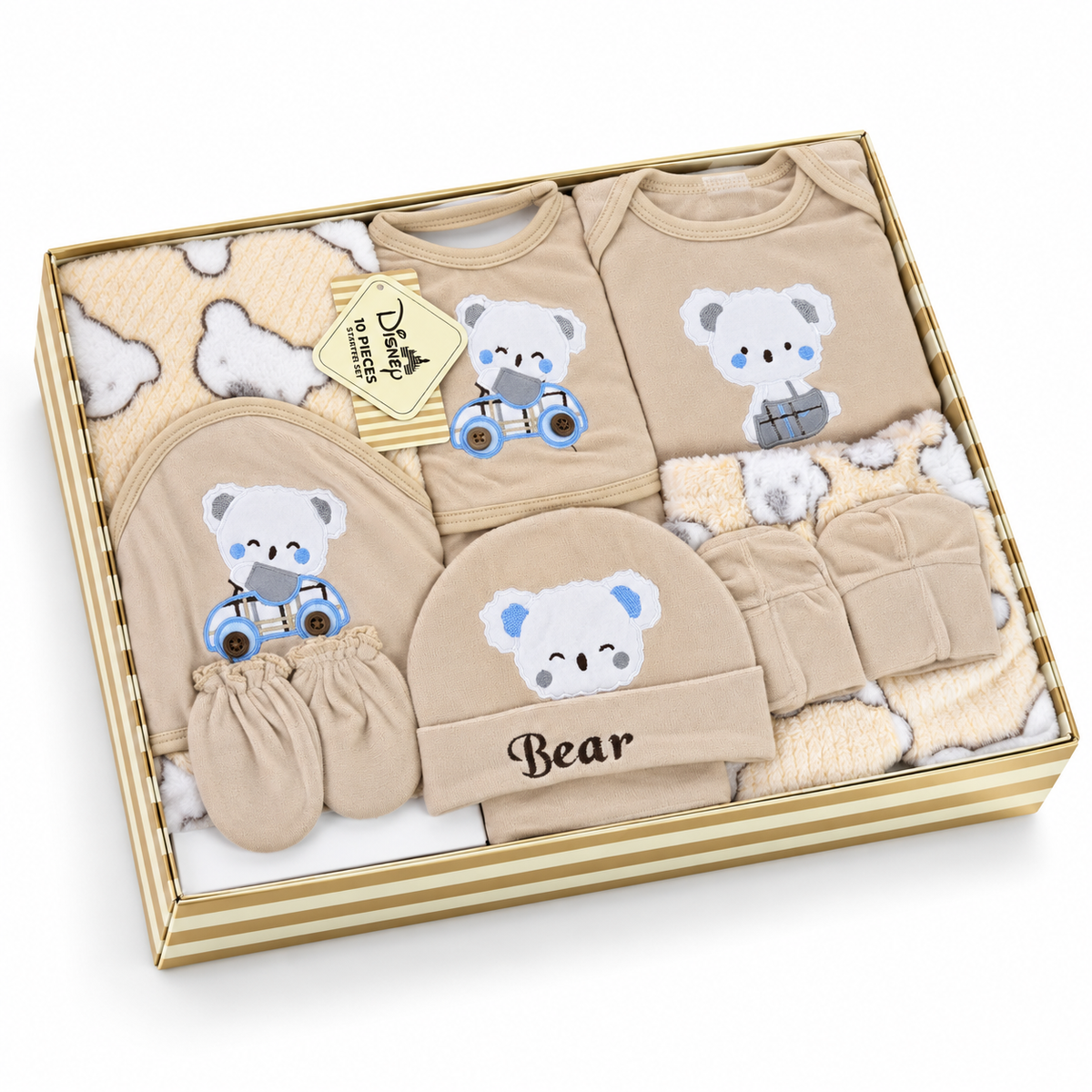 NEWBORN BABY 10 PCS TEDDY BEAR EMB PREMIUM GIFT BOX SET – BROWN