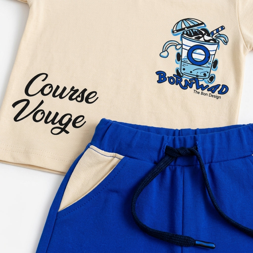 Imported Fabric Fun Ride Summer Outfit - Royal Blue & Beige