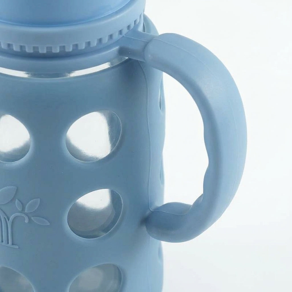 BABY GLASS FEEDER SILICONE COVERED BLUE