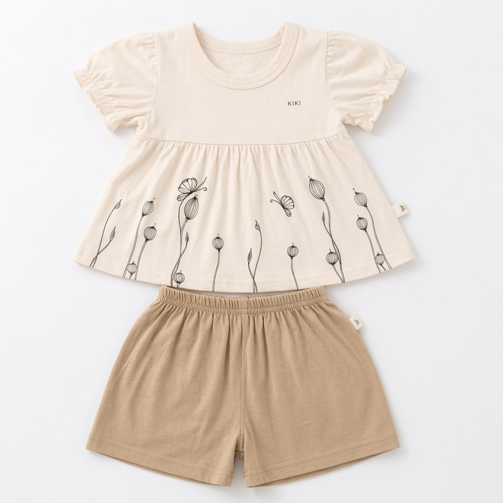 Imported Baby Girls Cotton Frock & Shorts - Cream Butterfly