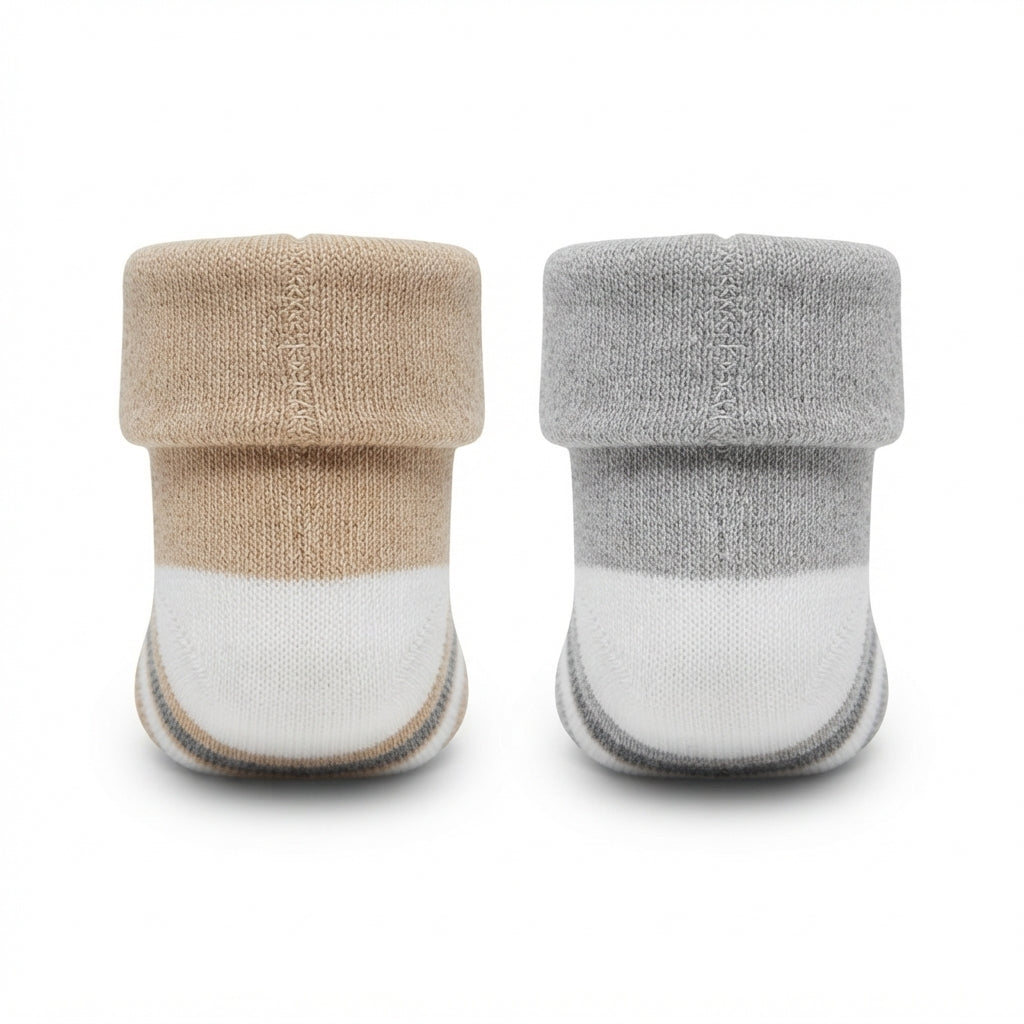 BABY STRIPED COTTON SOCKS PACK OF 2 (GREY & SKIN BROWN)(0-3M)
