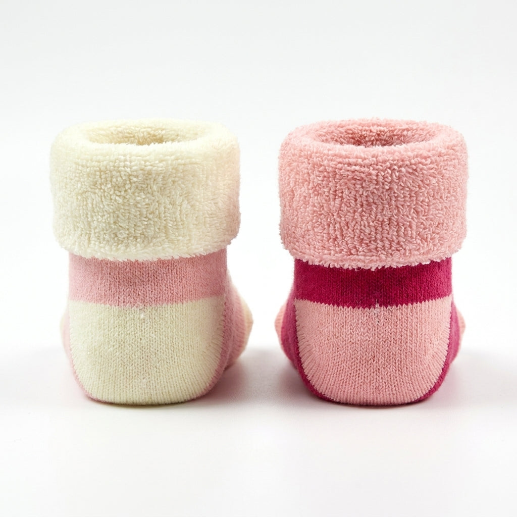 2 PACK GIRL TERRY COTTON SOCKS ROSE PINK & SOFT PEACH (1-2 YEARS)