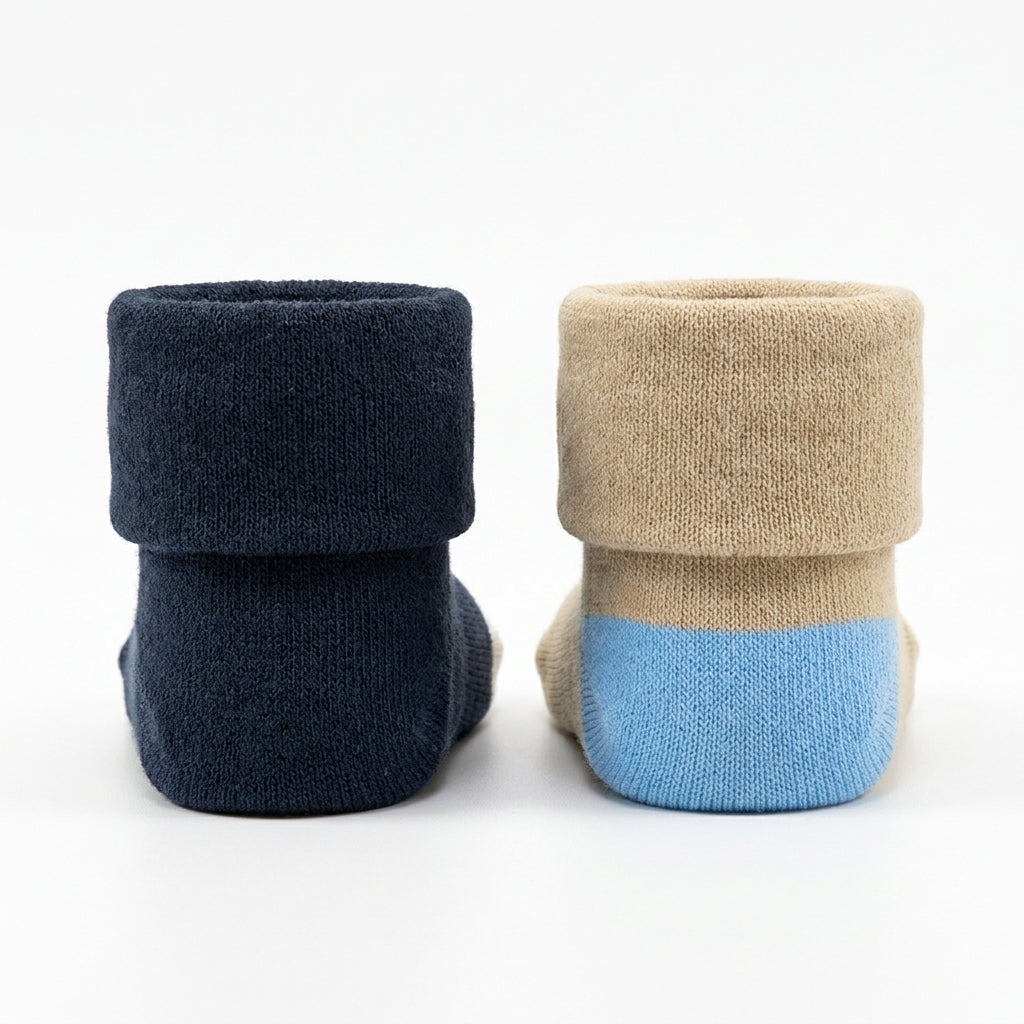 2 PACK SOFT COTTON BABY SOCKS WITH FOLD OVER CUFFS (BEIGE & BLACK) 0-12M