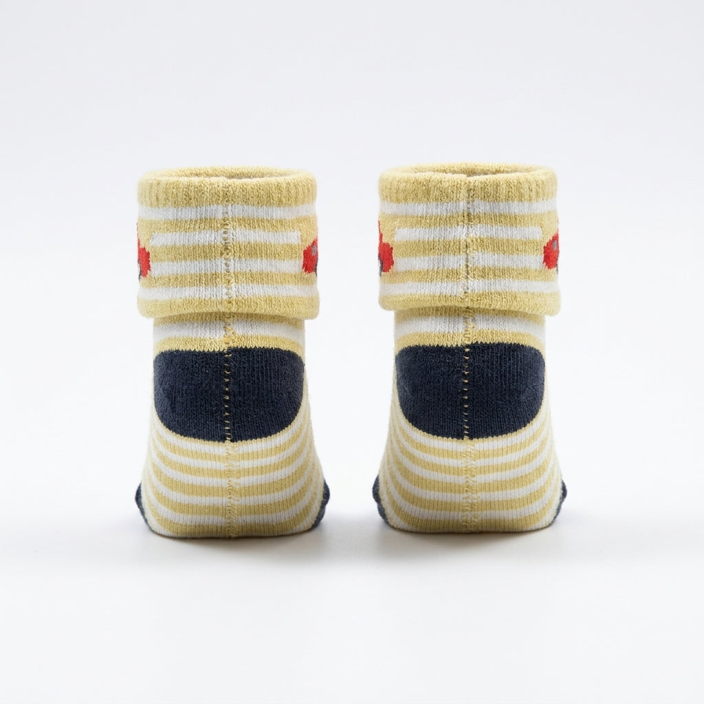 3 PACK BABY BOY SOCKS-BLUE, OLIVE GREEN& BEIGE STRIPED CAR PRINT (0-12M)