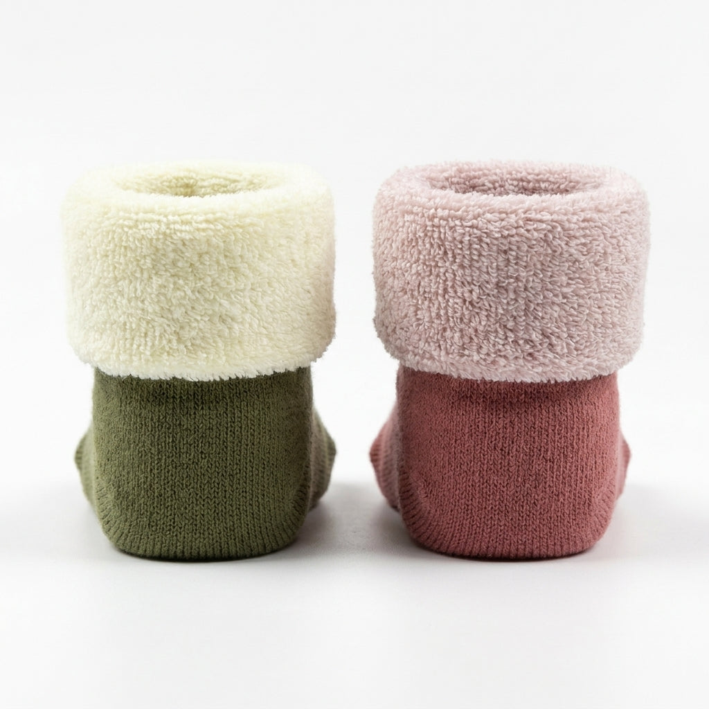 2 PACK TERRY COTTON SOCKS ROSE & OLIVE GREEN (1-2 YEARS)