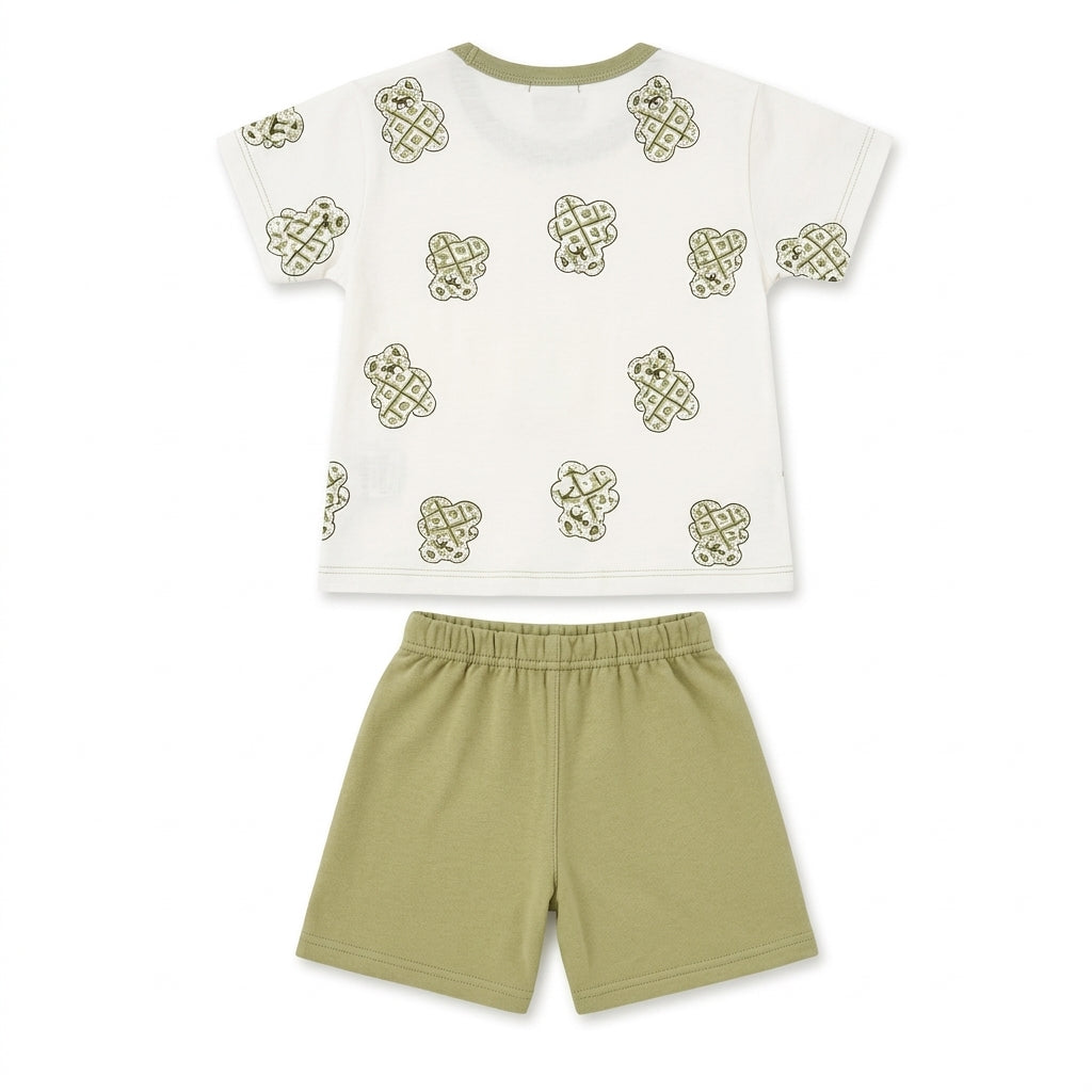 Imported Baby Cotton T-Shirt & Shorts - Olive Green & White
