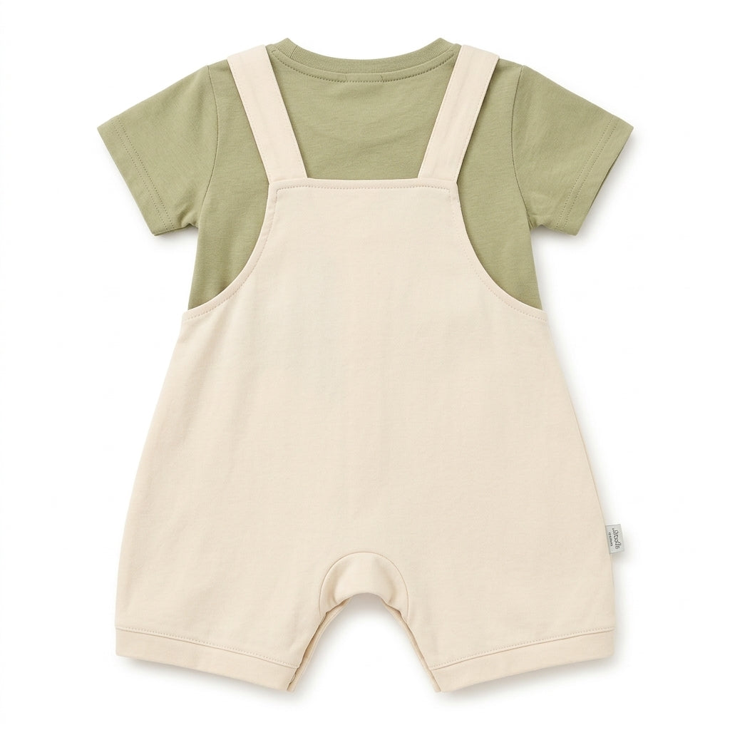Imported Baby Bear Adventure Dungaree Romper & T-Shirt Set (Olive Green & Beige)