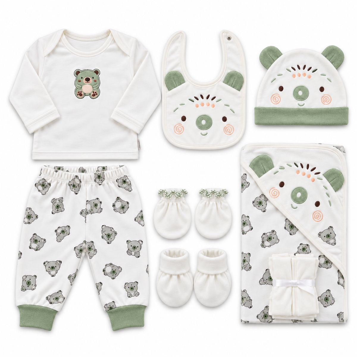 NEWBORN BABY 11 PCS BLOR CUTE BEAR PRINTED STARTER SET – WHITE & GREEN
