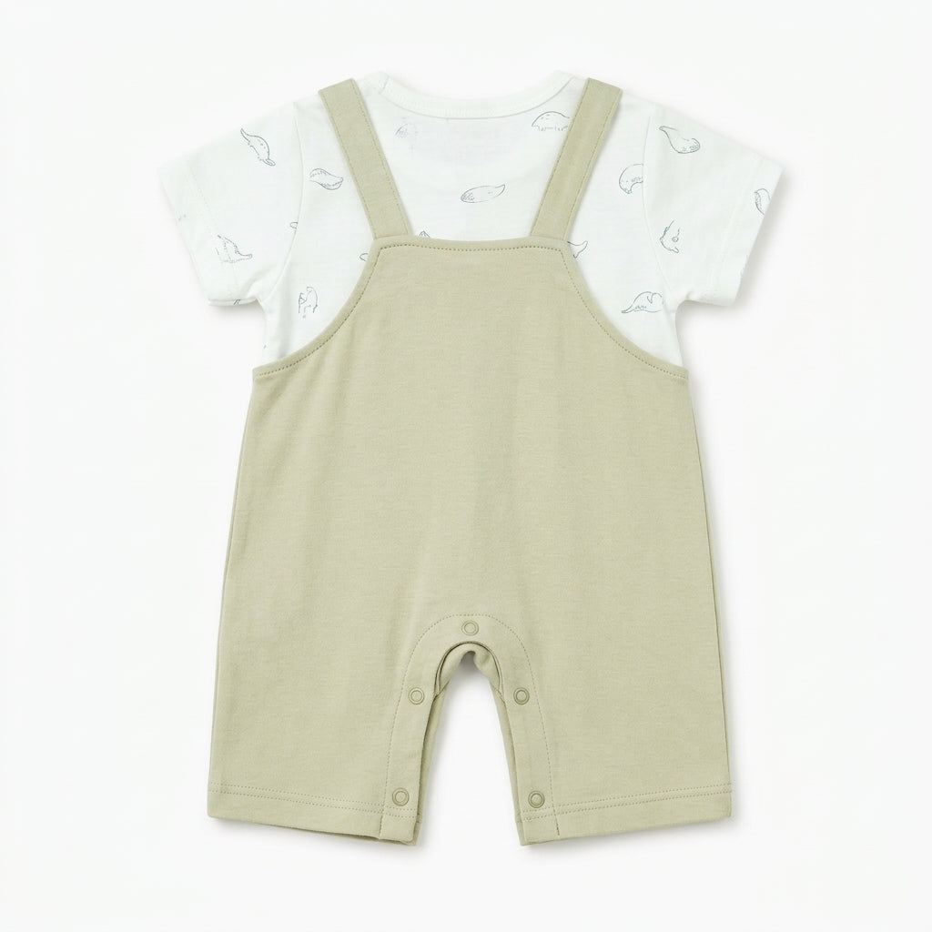 Imported Baby/Baba Dino Short-Leg Romper - Beige & White