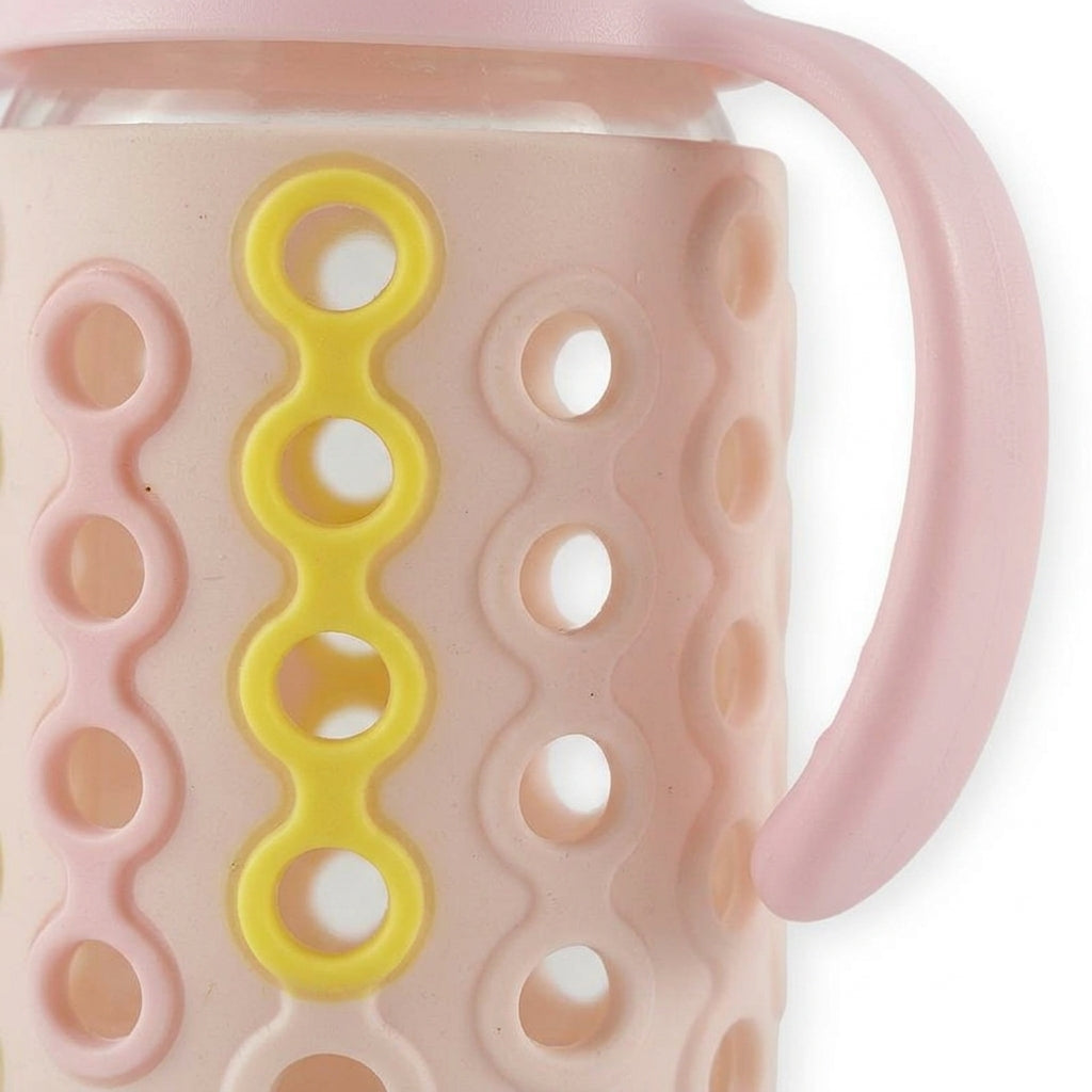 BABY GLASS FEEDER SILICONE COVERED PINK