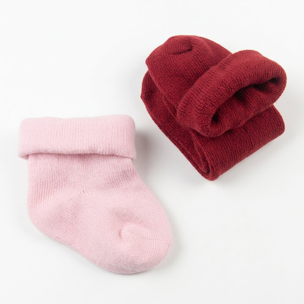 SOFT COTTON BABY SOCKS PACK OF 2 (BABY PINK & RED)(0-3M)