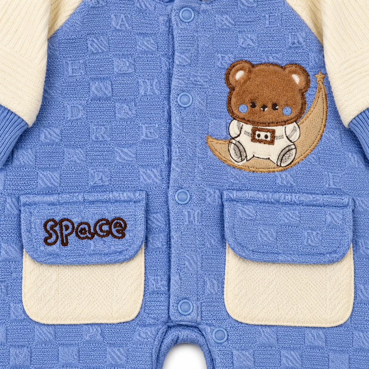 Sky Blue & White Hooded Teddy Bear Embroidered Romper – Space teddy and pocket embroidery detail