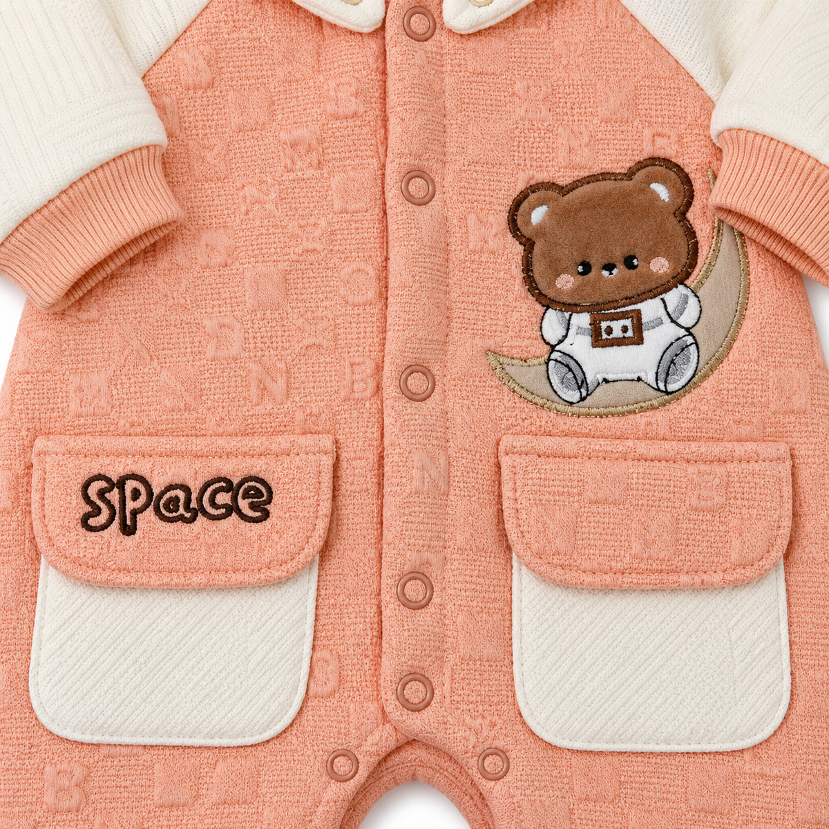 Peach & White Hooded Teddy Bear Embroidered Romper – Space teddy romper pocket close-up