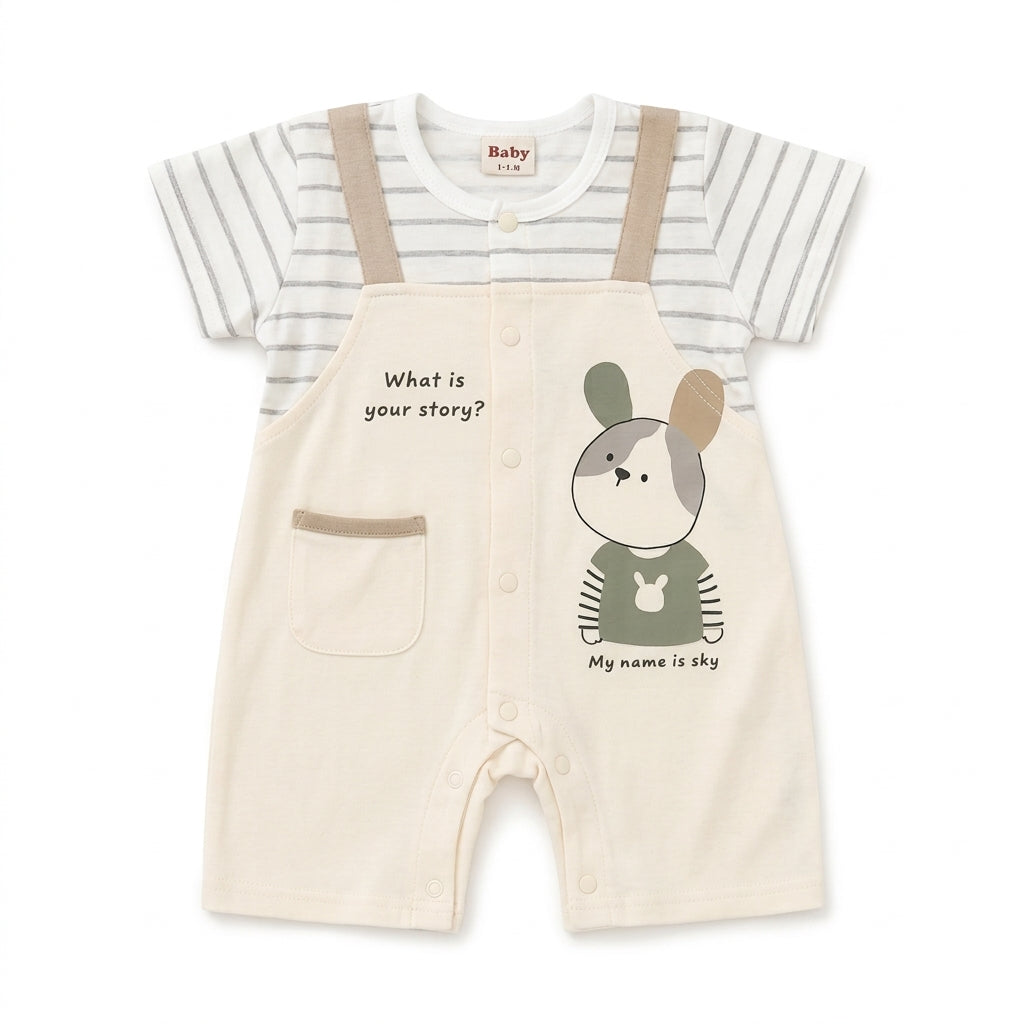 IMPORTED BABY SUMMER COTTON ROMPER HALF SLEEVE/LEG DOG PRINT DUNGAREE STYLE