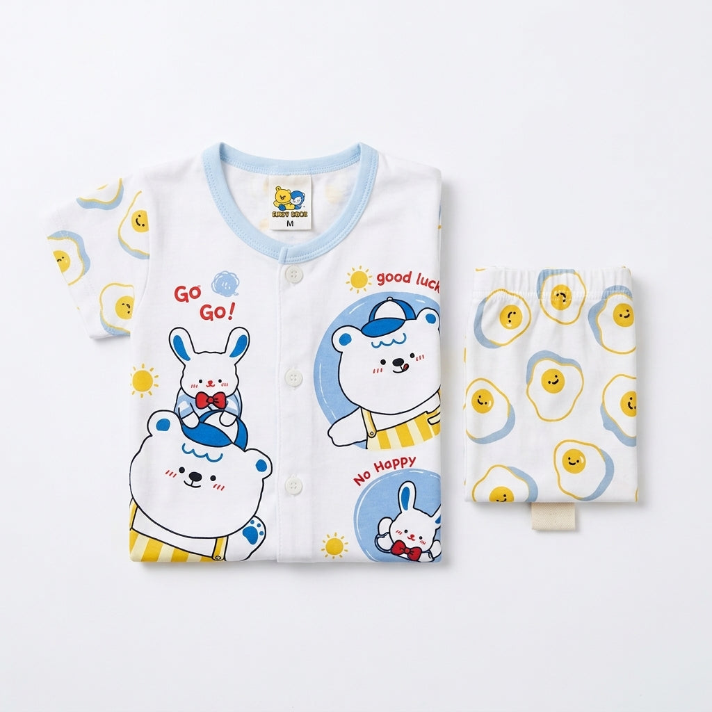 IMPORTED 100% COTTON SUMMER BABY HALF SLEEVE SUIT BEAR & BUNNY PRINT (WHITE&BLUE)