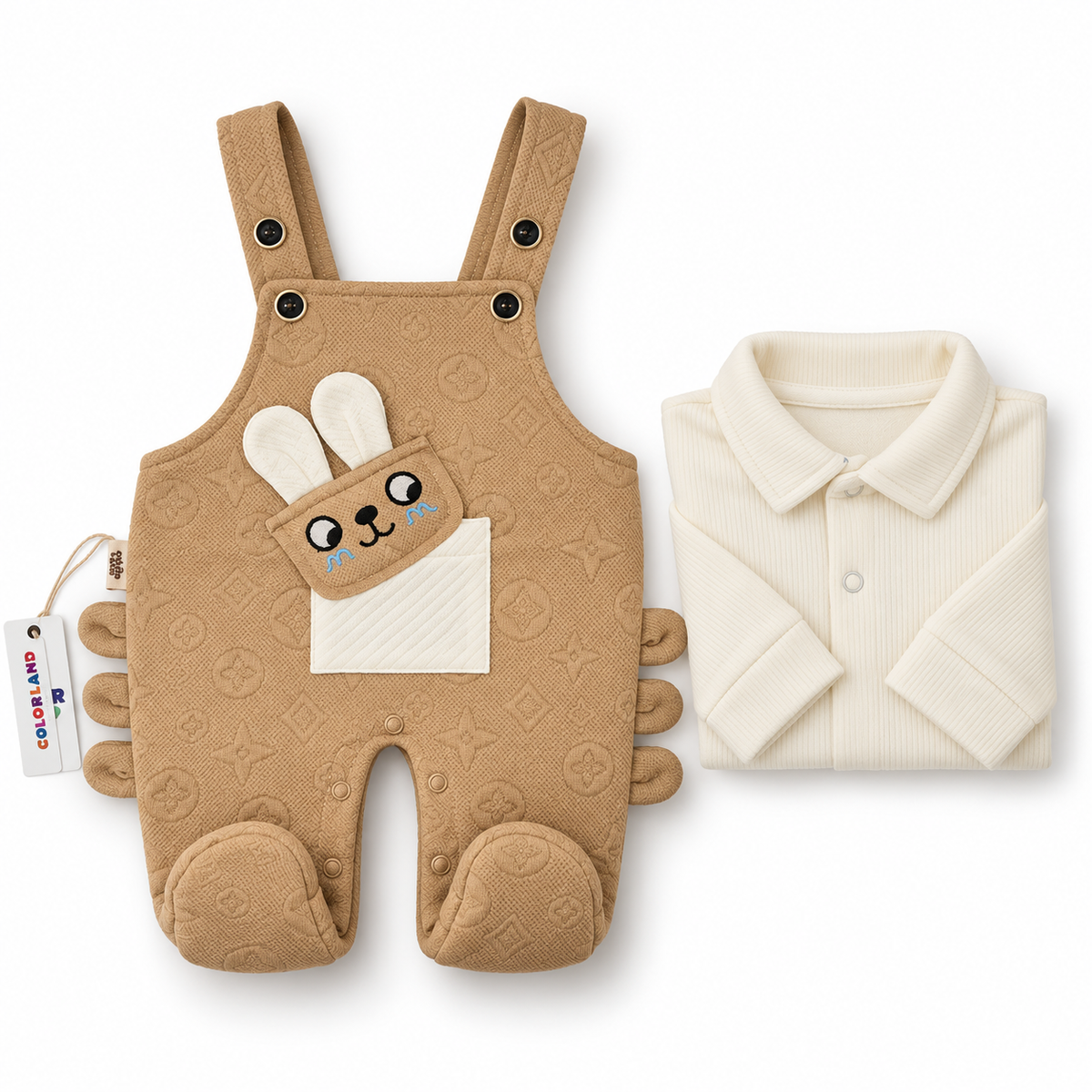 Brown & White Bunny Dungaree Romper & Shirt Set – Tan bunny outfit with ivory polo