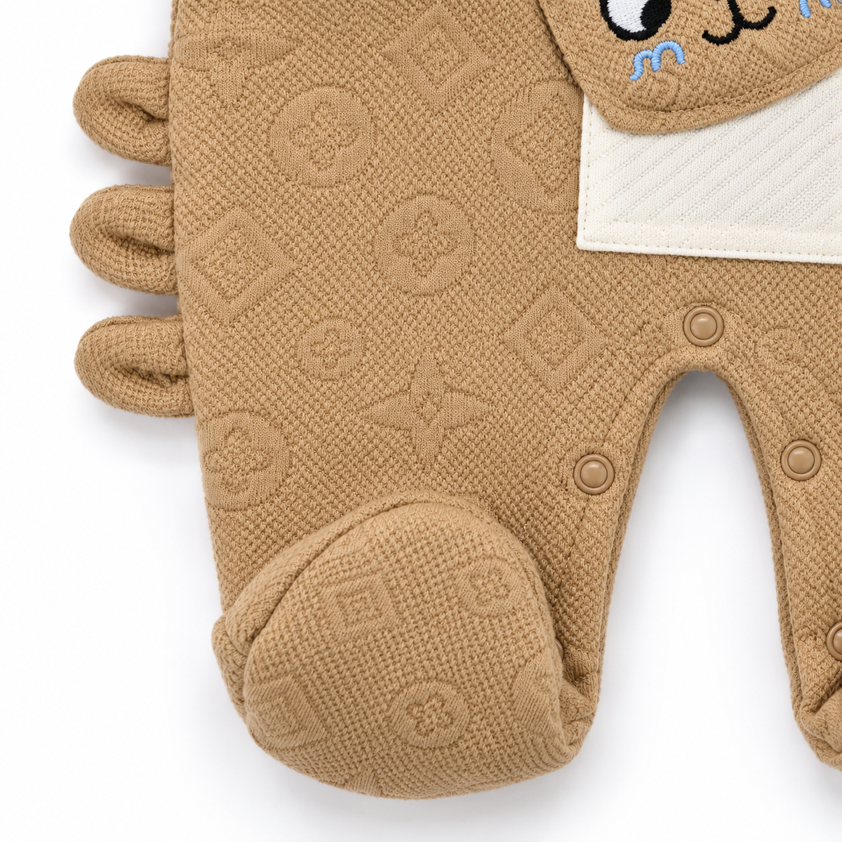 Brown & White Bunny Dungaree Romper & Shirt Set – Tan jacquard dungaree leg close-up