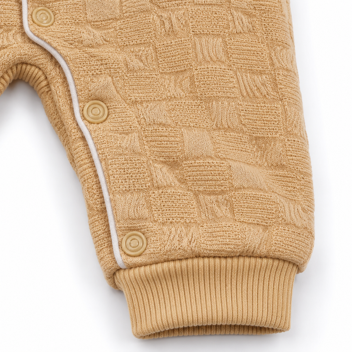 Brown & White Hooded Teddy Bear Embroidered Romper – Tan jacquard leg and ribbed cuff