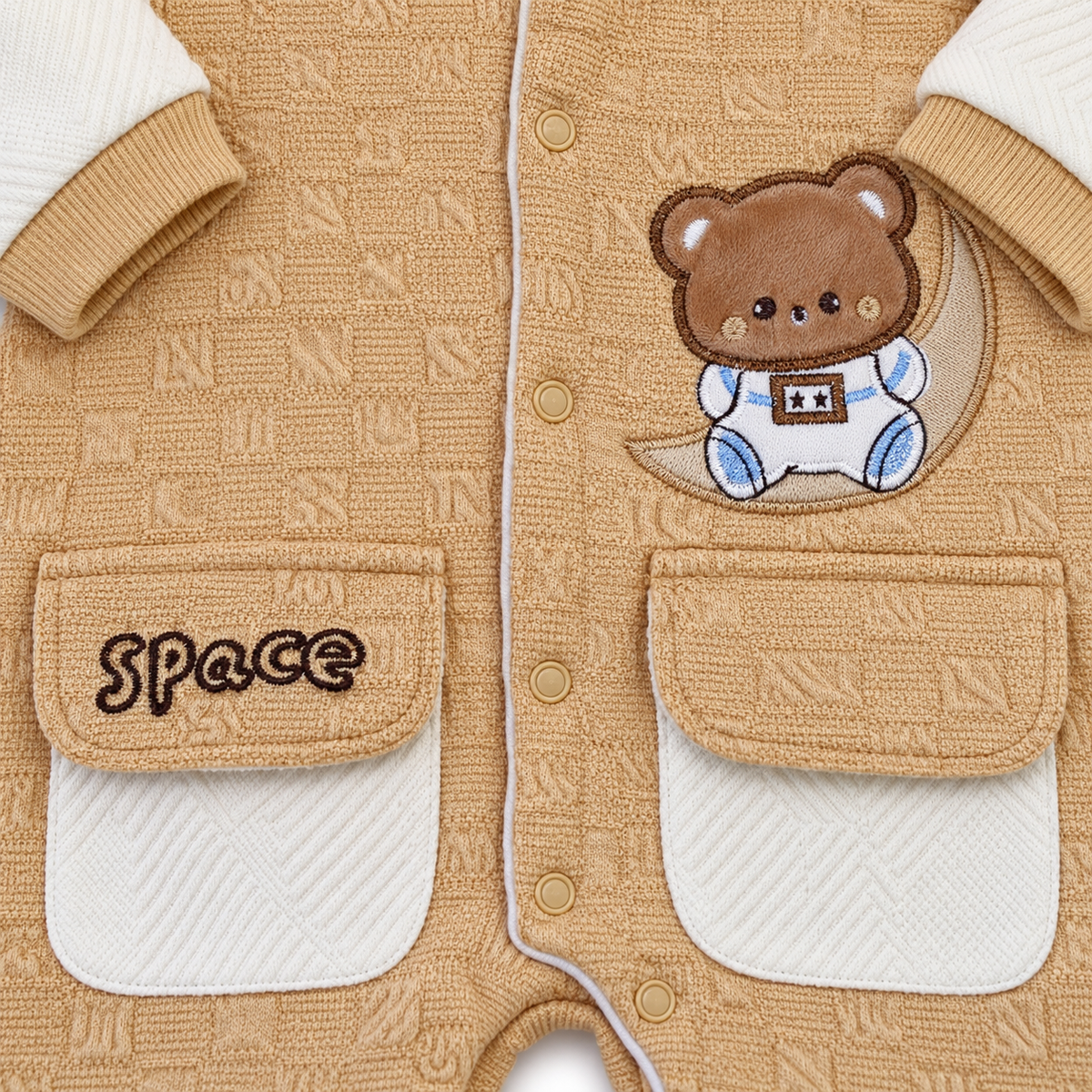 Brown & White Hooded Teddy Bear Embroidered Romper – Teddy bear and Space pocket detail
