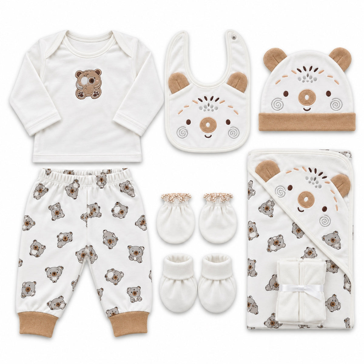 NEWBORN BABY 11 PCS BLOR CUTE BEAR PRINTED STARTER SET – WHITE & BROWN