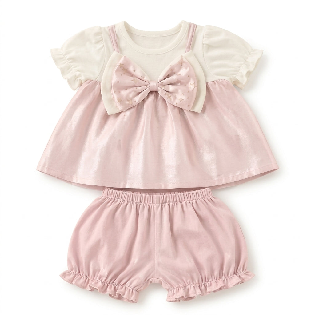 IMPORTED BABY GIRLS ELEGANT PARTY WEAR DRESS SUMMER FABRIC NET FROCK PINK BOW