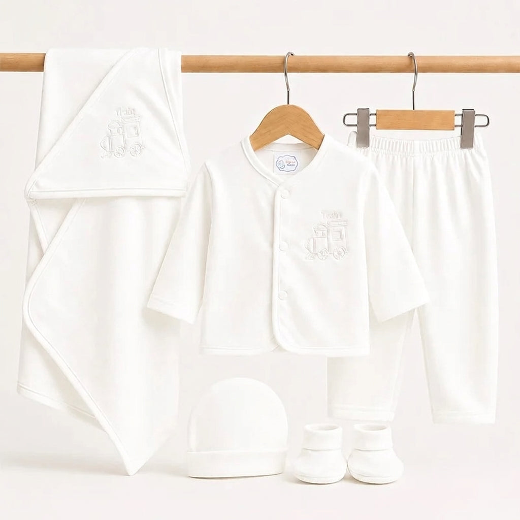 BABY SUIT 5 PIECES SET WHITE COLOR KOTRAI TRAIN