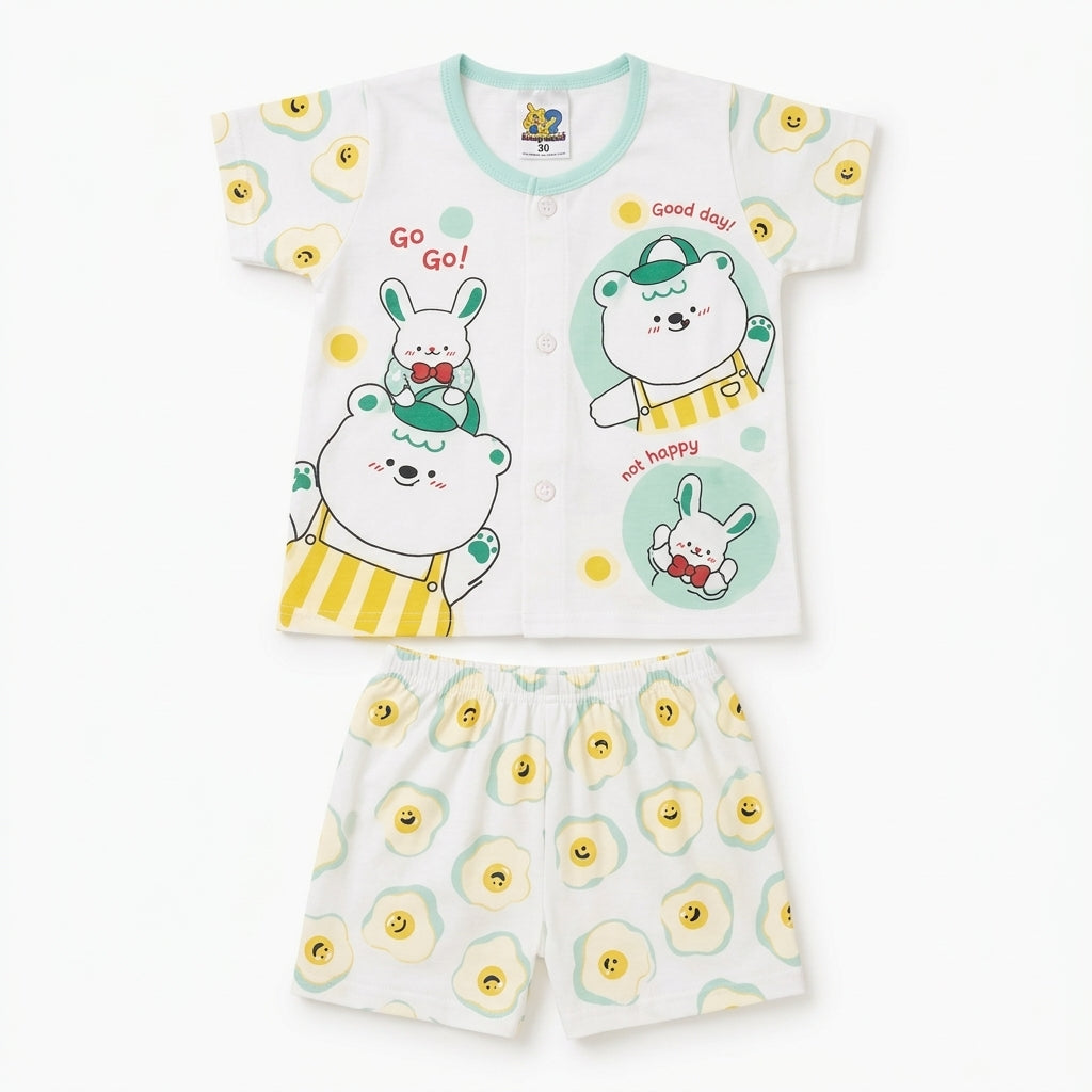 IMPORTED 100% COTTON SUMMER BABY HALF SLEEVE SUIT BEAR & BUNNY PRINT