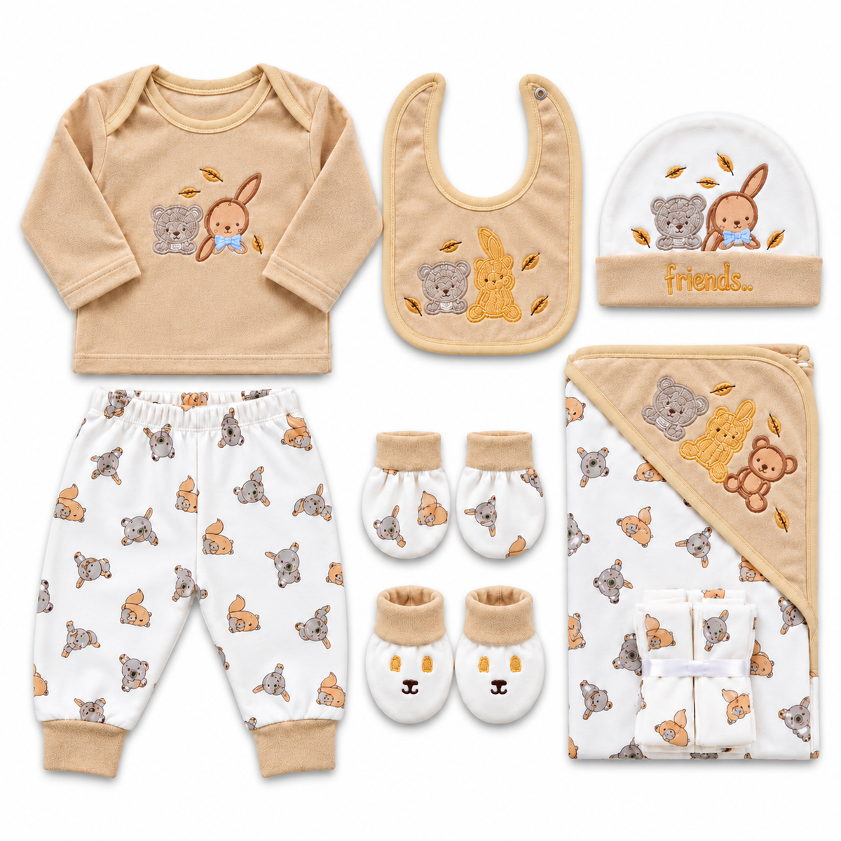 NEWBORN BABY 11 PCS BLOR BUNNY PRINTED STARTER SET – BROWN & WHITE