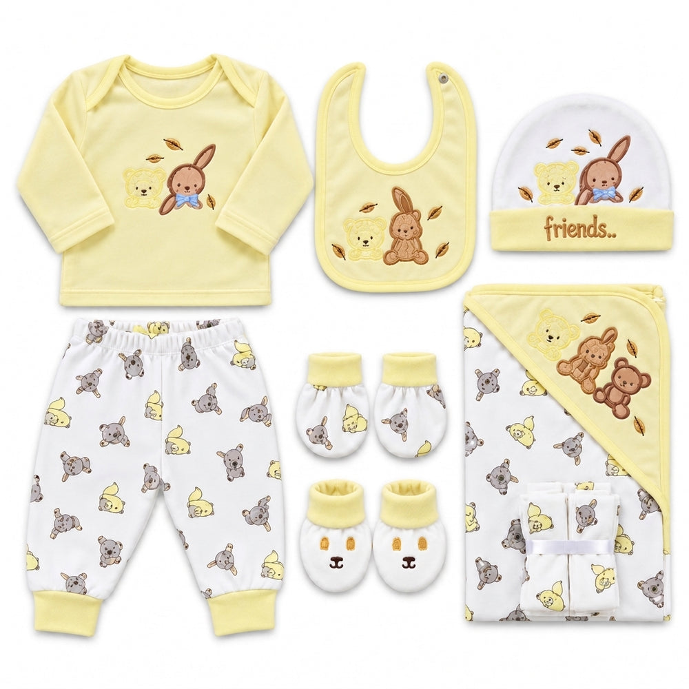 NEWBORN BABY 11 PCS BLOR BUNNY PRINTED STARTER SET – YELLOW & WHITE