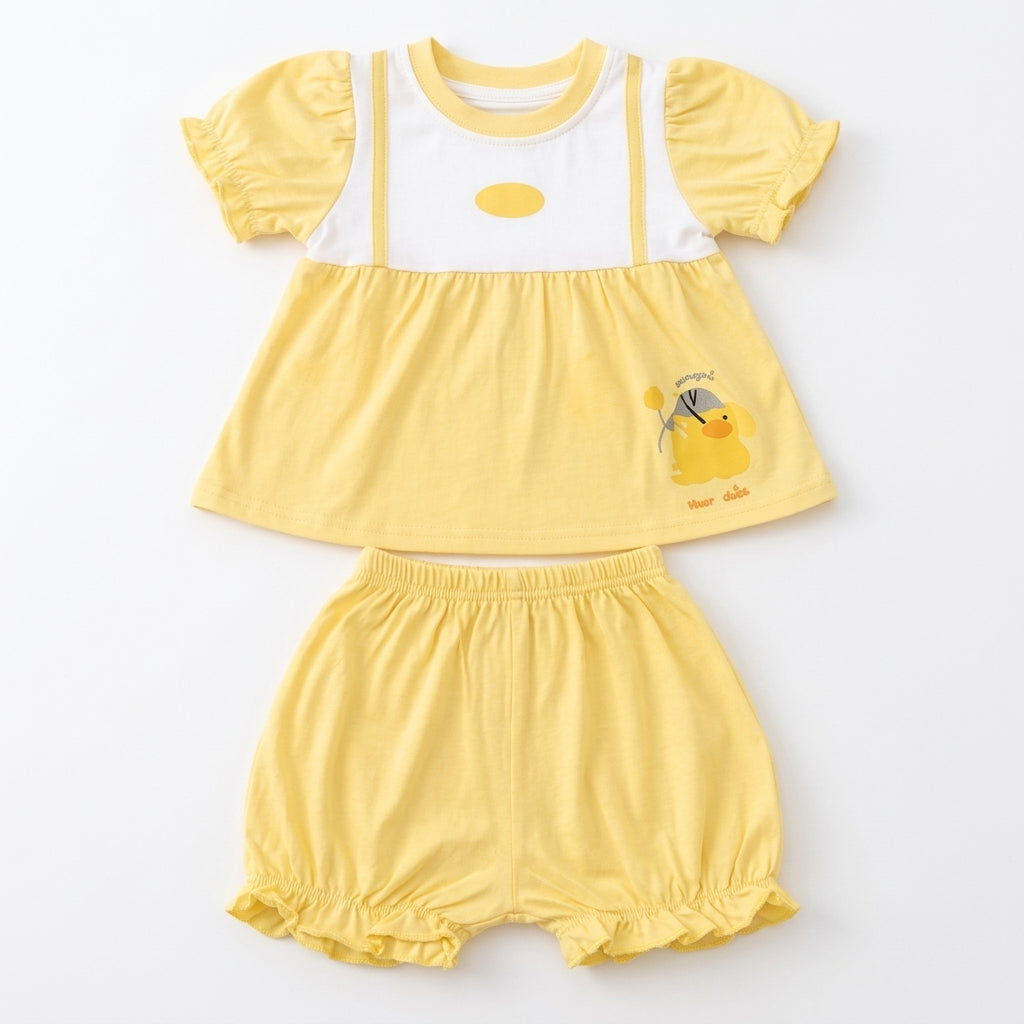 IMPORTED PREMIUM BABY GIRLS SOFT SUMMER SET YELLOW FROCK STYLE TOP & BLOOMER