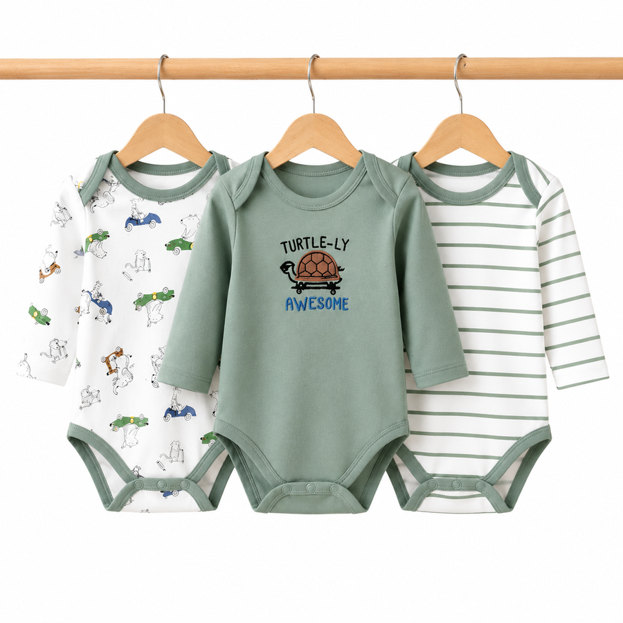 Full-Sleeve Cotton Baby Bodysuits 3-Pack – Green Turtle, 3–6M